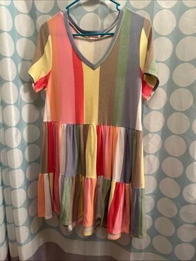 Girls' Multicolor Striped Tiered V-Neck Dress